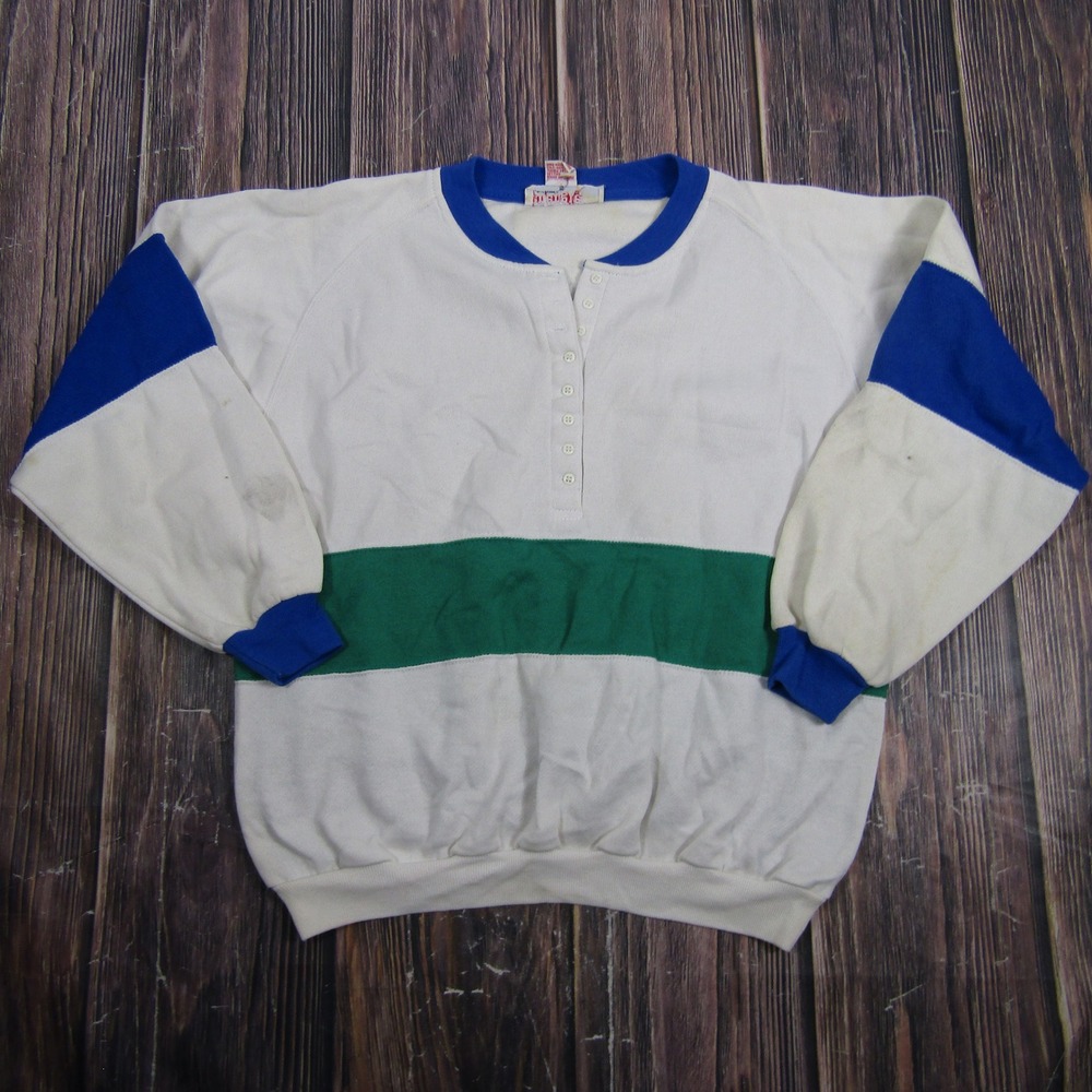 Energie Sweatshirt Men Small White Blue Green Color Block Henley Vintage 90s